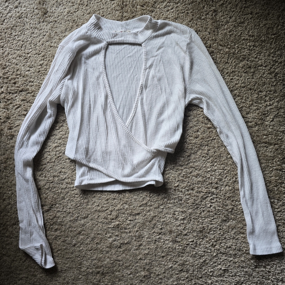 White Ribbed Cutout Long Sleeve Blouse